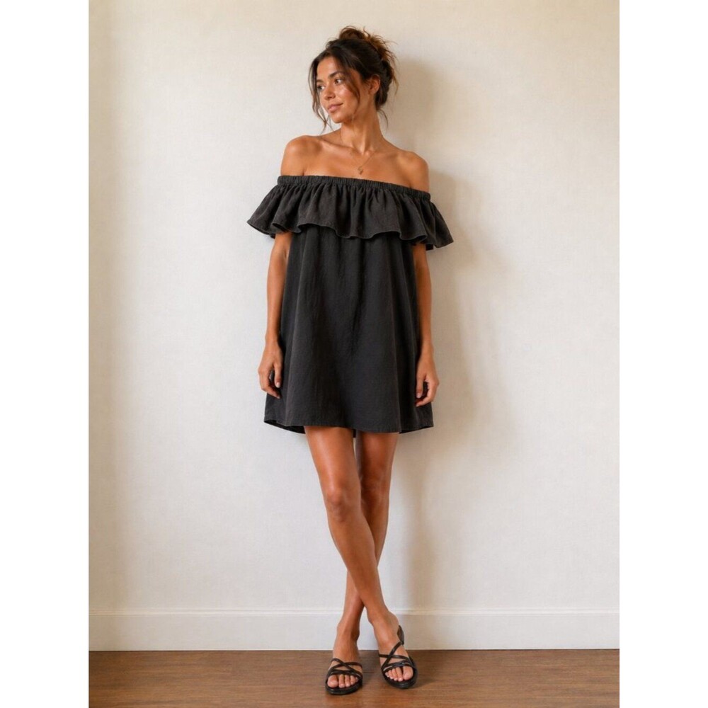 Line & Dot Anthropologie Black‎ Off Shoulder Linen Dress | Boho Babydoll Mini